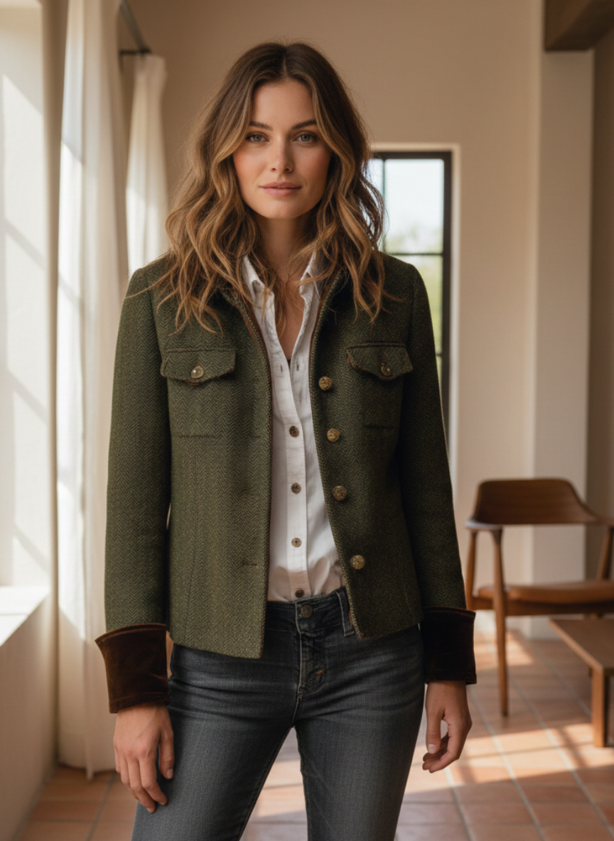 Women’s Herringbone Tweed Jacket with Velvet Trim