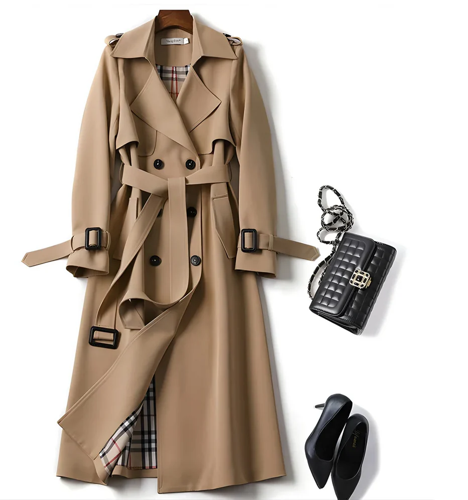 Women’s Double Breasted Long Trench Coat with Belted Waist and Storm Flap