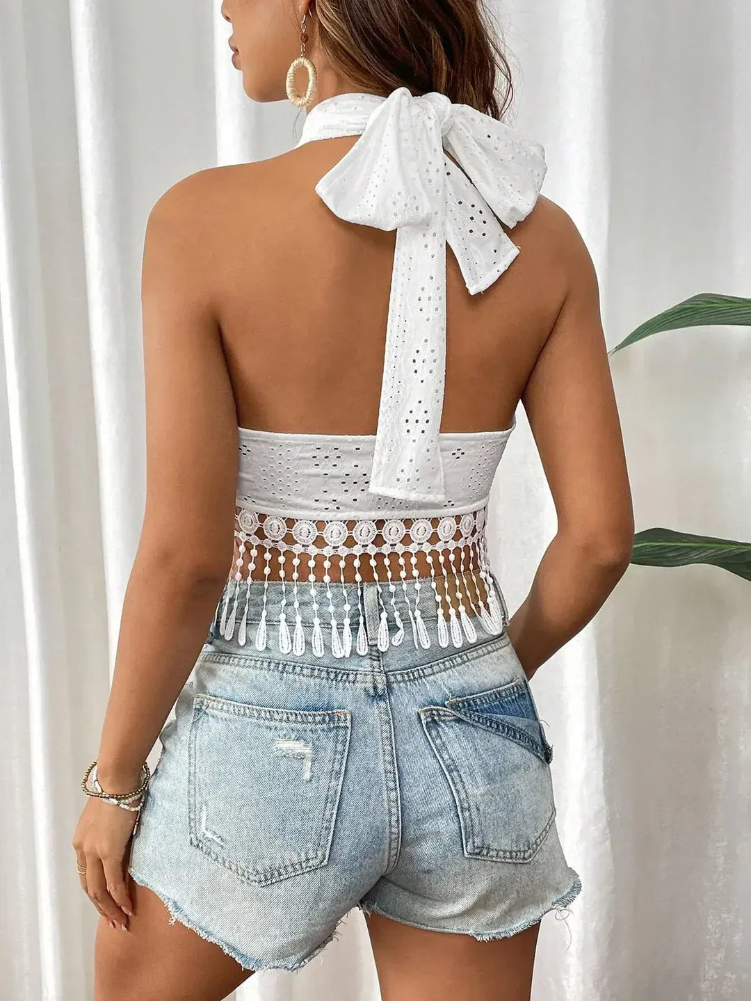 Women’s Eyelet Halter Top with Tassel Fringe Hem and Lace Up Back