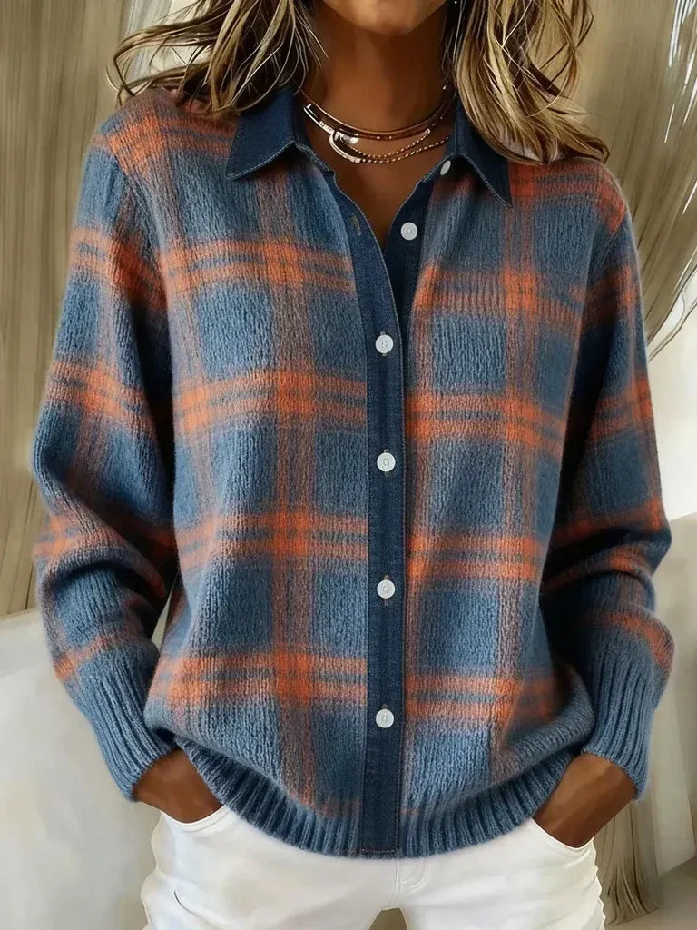 Women’s Plaid Button Down Cardigan Soft Collared Relaxed Knit Sweater