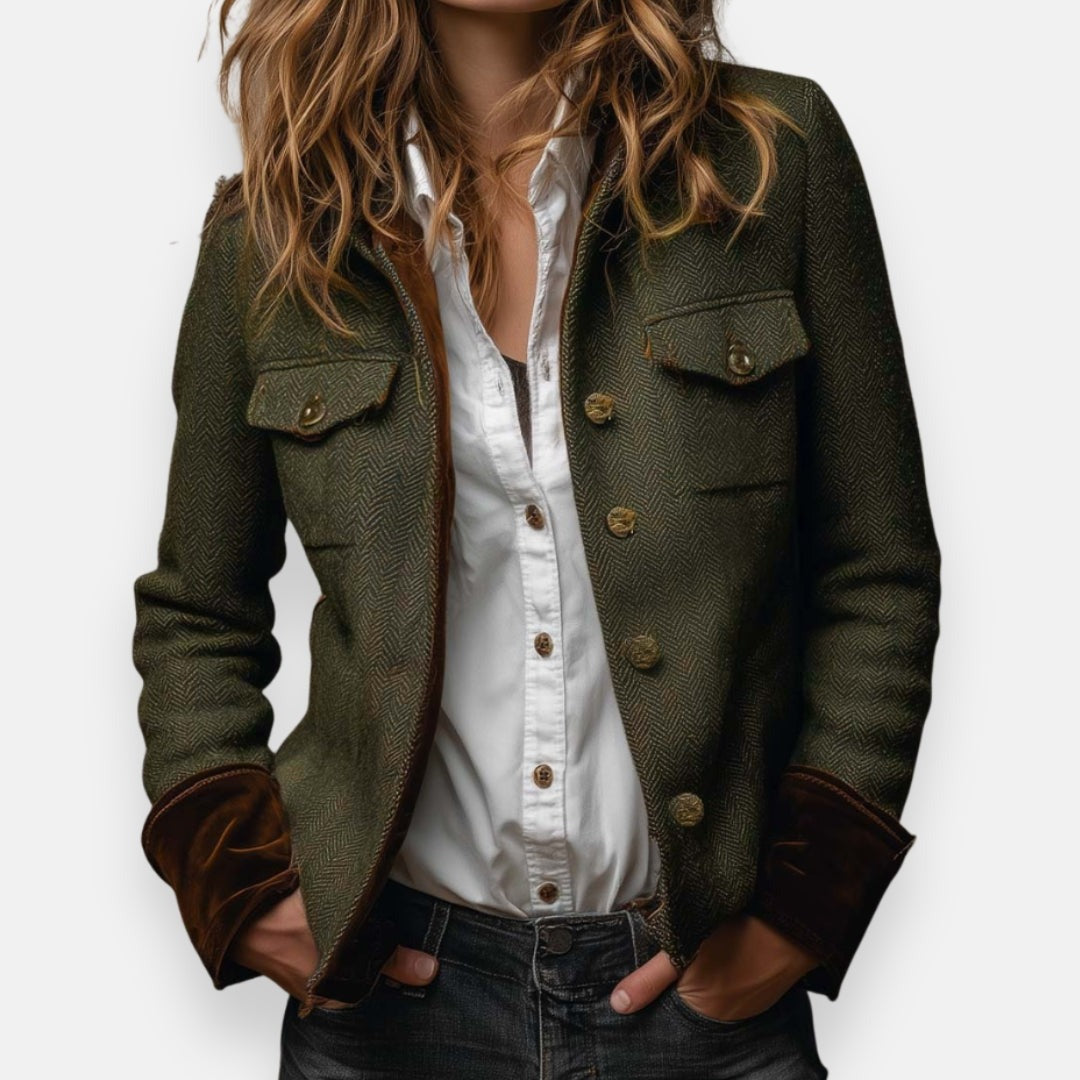 Women’s Herringbone Tweed Jacket with Velvet Trim